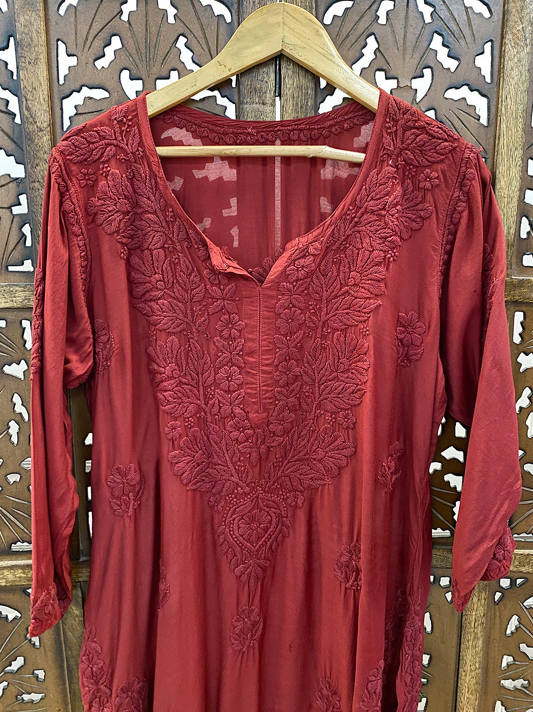 Maroon Muslin Chikankari Straight Kurti