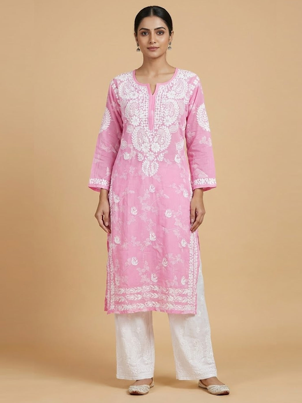Pink Mulmul Printed Chikankari Straight Kurti
