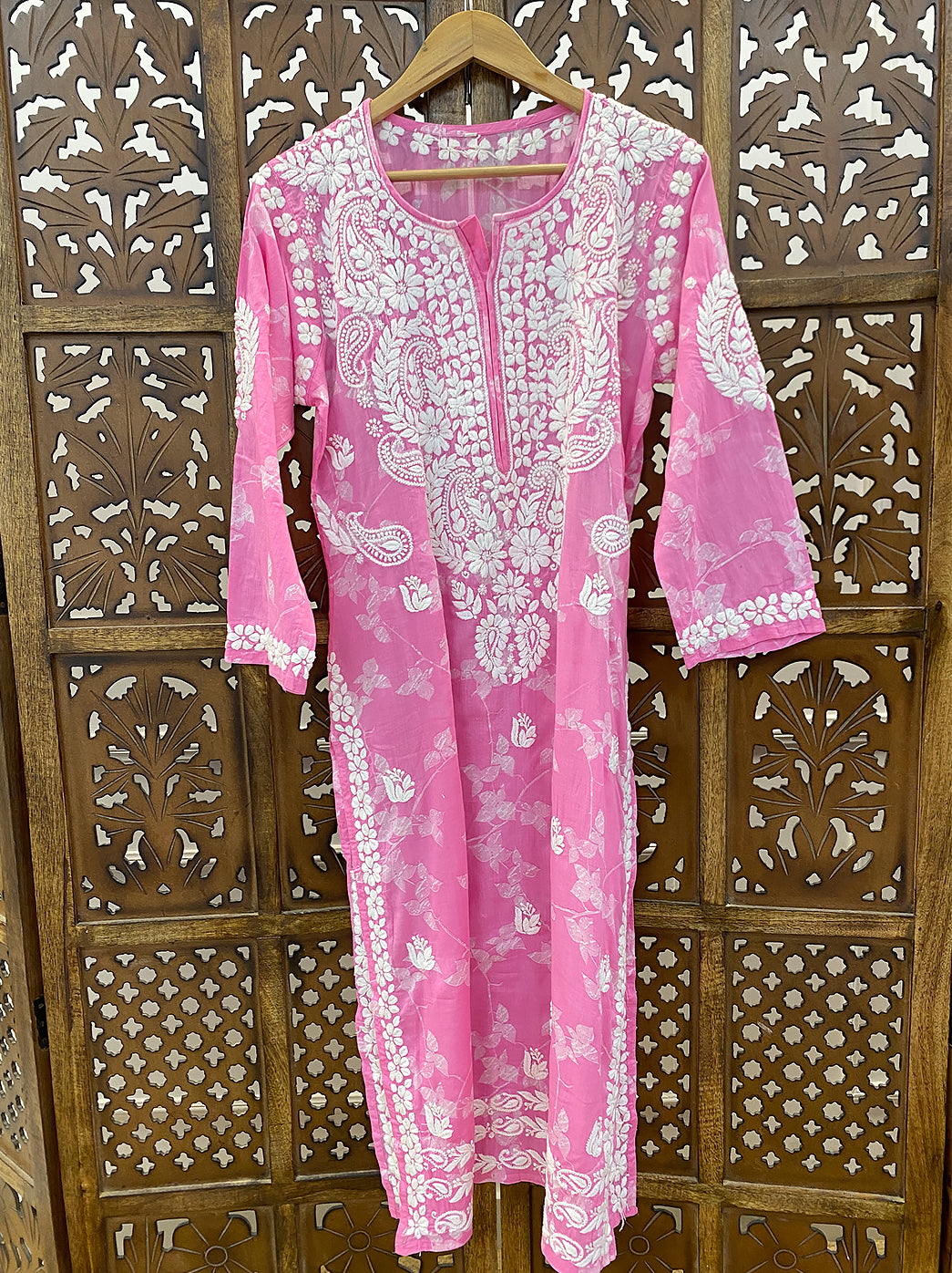 Pink Mulmul Printed Chikankari Straight Kurti