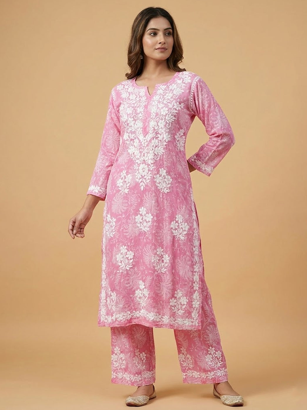 Pink Mulmul Chikankari Kurti Palazzo Set