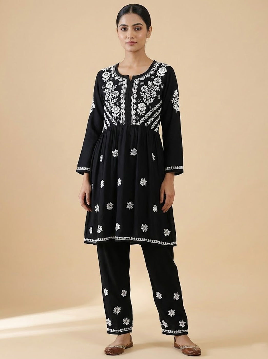 Black Rayon Chikankari Kurti Palazzo Set
