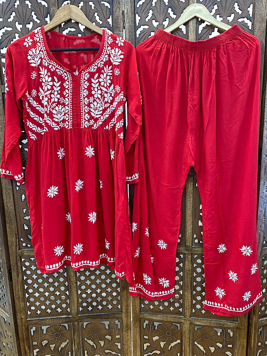 Red Rayon Chikankari Kurti Palazzo Set