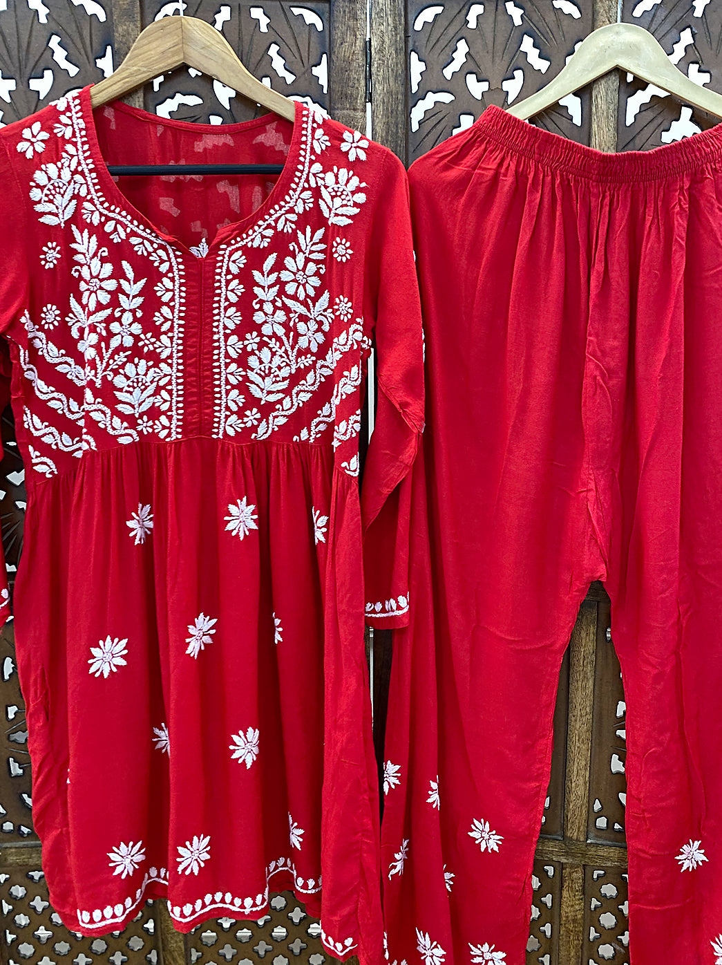 Red Rayon Chikankari Kurti Palazzo Set