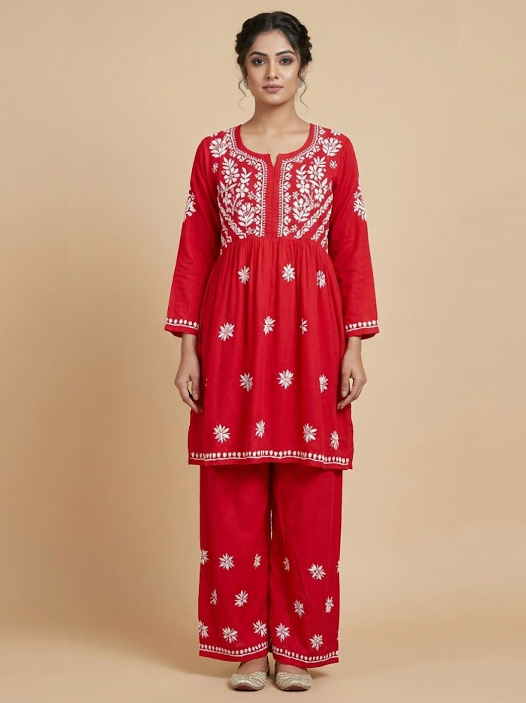 Red Rayon Chikankari Kurti Palazzo Set