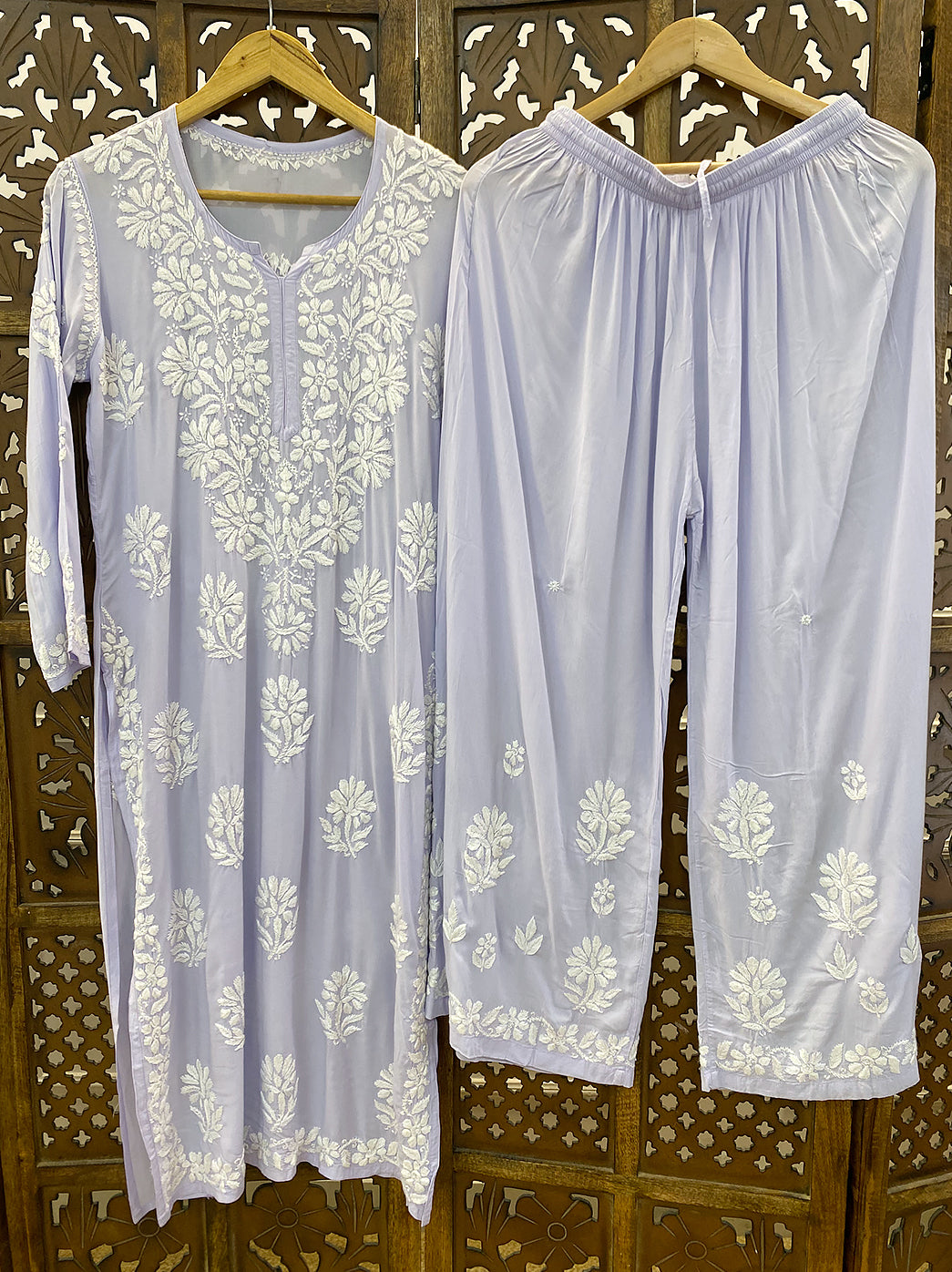 Lavender Modal Chikankari Kurti Palazzo Set