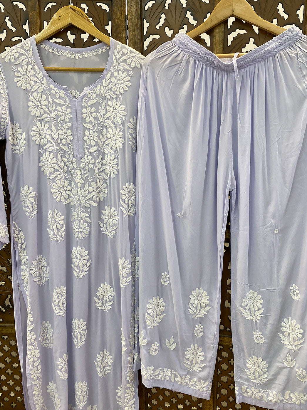 Lavender Modal Chikankari Kurti Palazzo Set