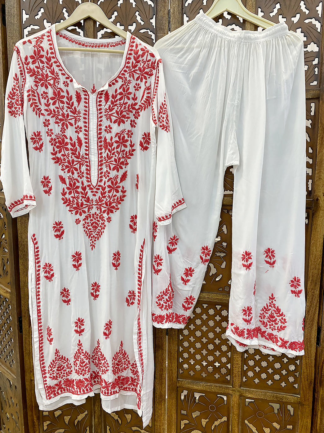 Red Modal Chikankari Kurti Palazzo Set