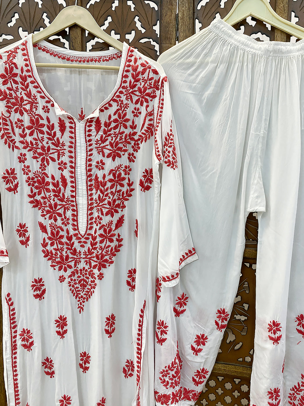 Red Modal Chikankari Kurti Palazzo Set