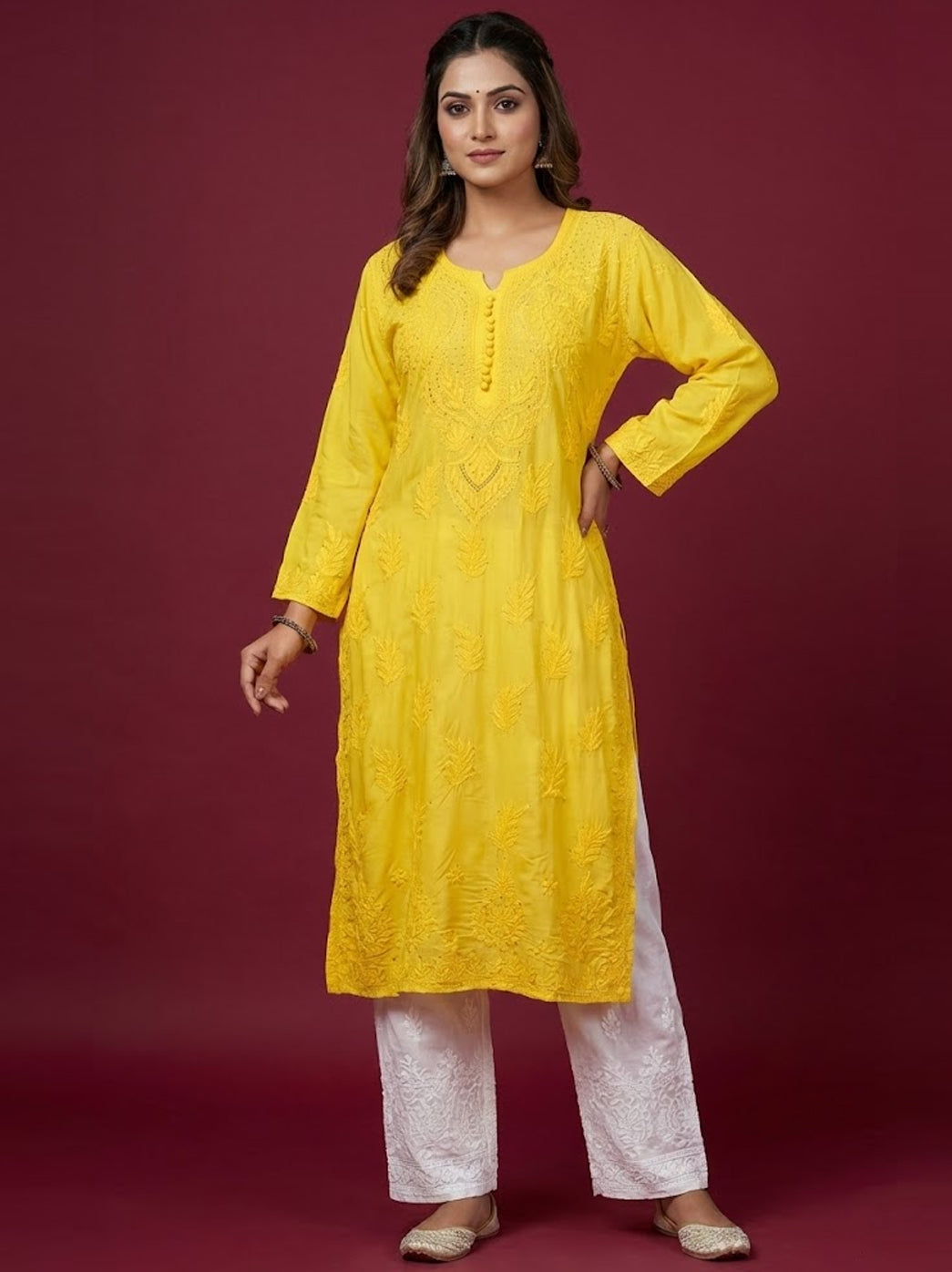 Yellow Chanderi Chikankari Straight Kurti