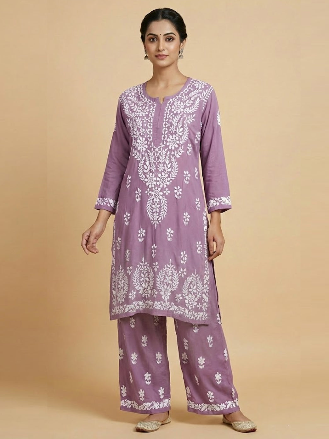 Mauve Modal Chikankari Kurti Palazzo Set