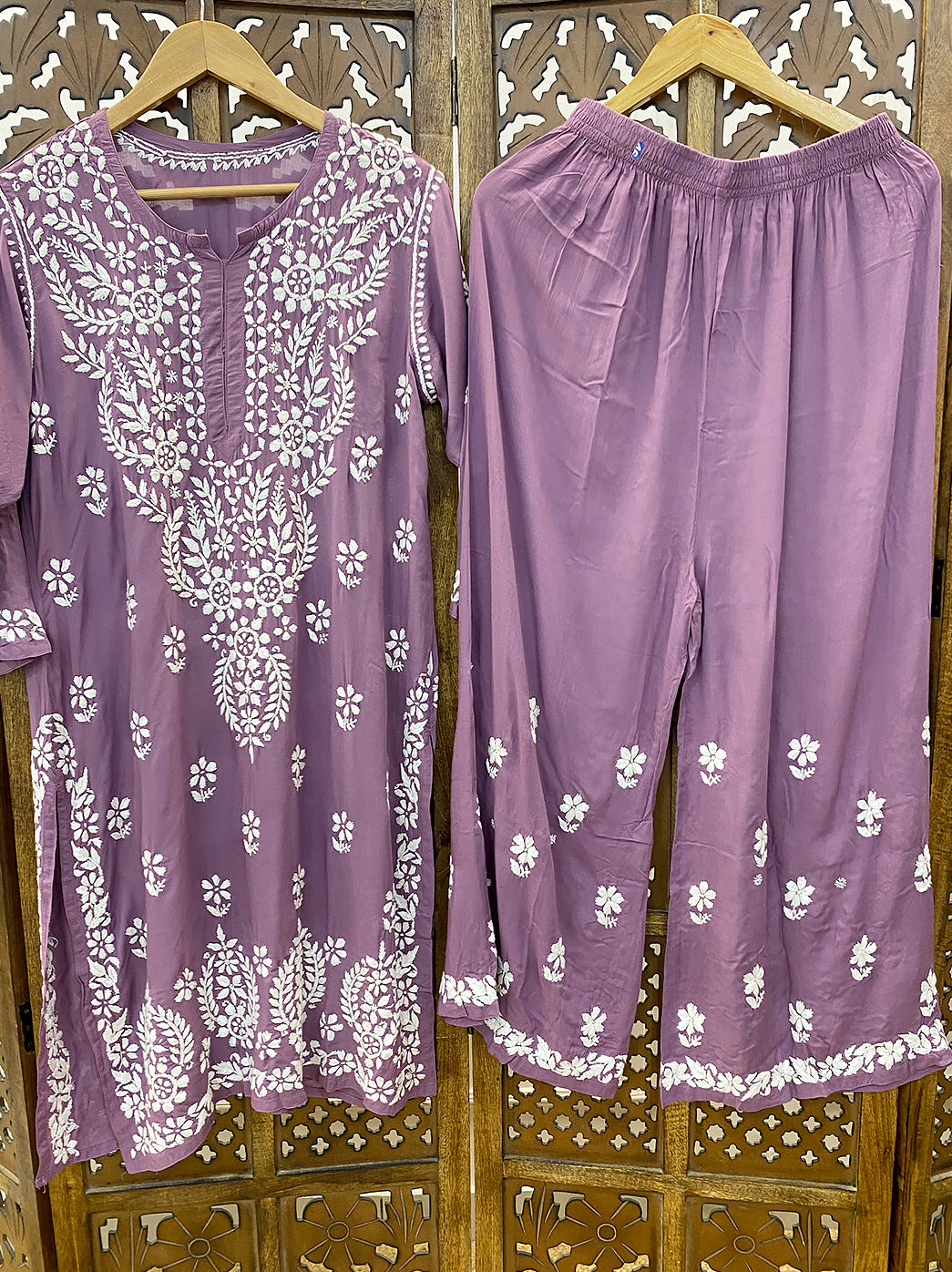 Mauve Modal Chikankari Kurti Palazzo Set