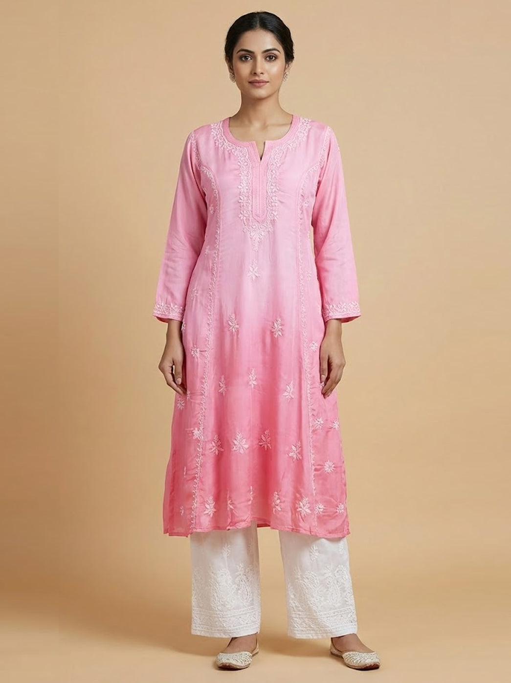 Pink Satin Modal Chikankari A-Line Kurti