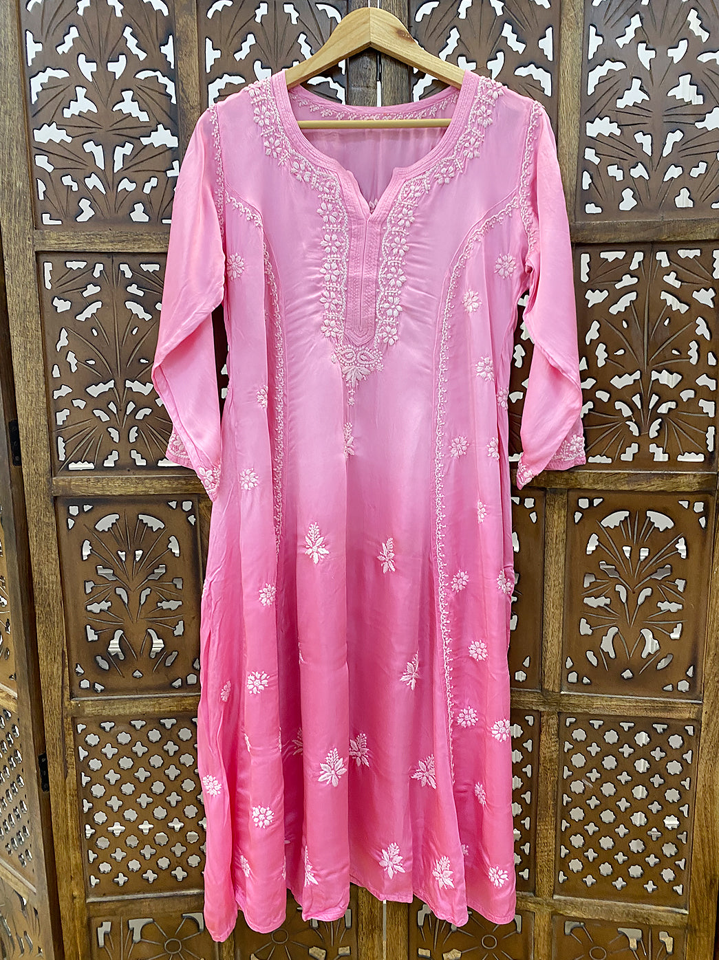 Pink Satin Modal Chikankari A-Line Kurti