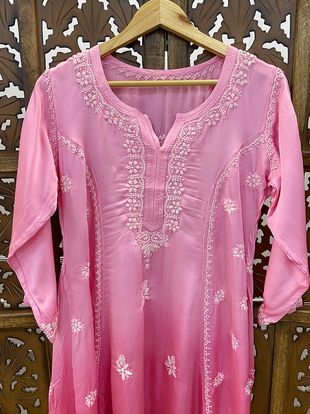 Pink Satin Modal Chikankari A-Line Kurti