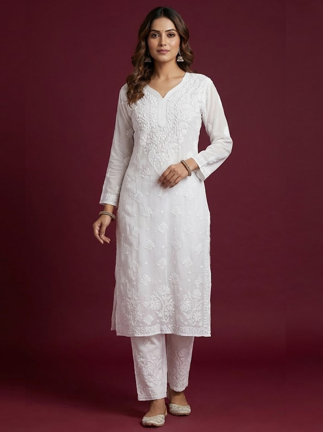 White Viscose Chikankari Straight Kurti