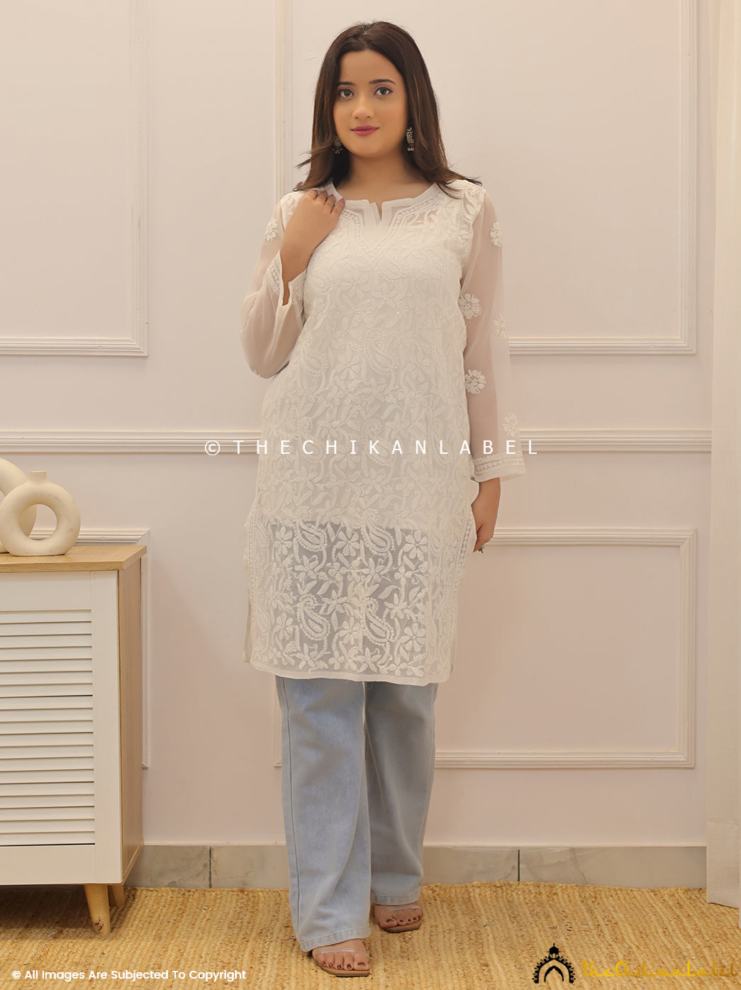 White Georgette Chikankari Short Jaal Kurti