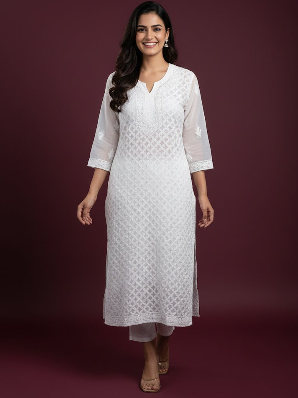 White Georgette Chikankari Straight Kurti
