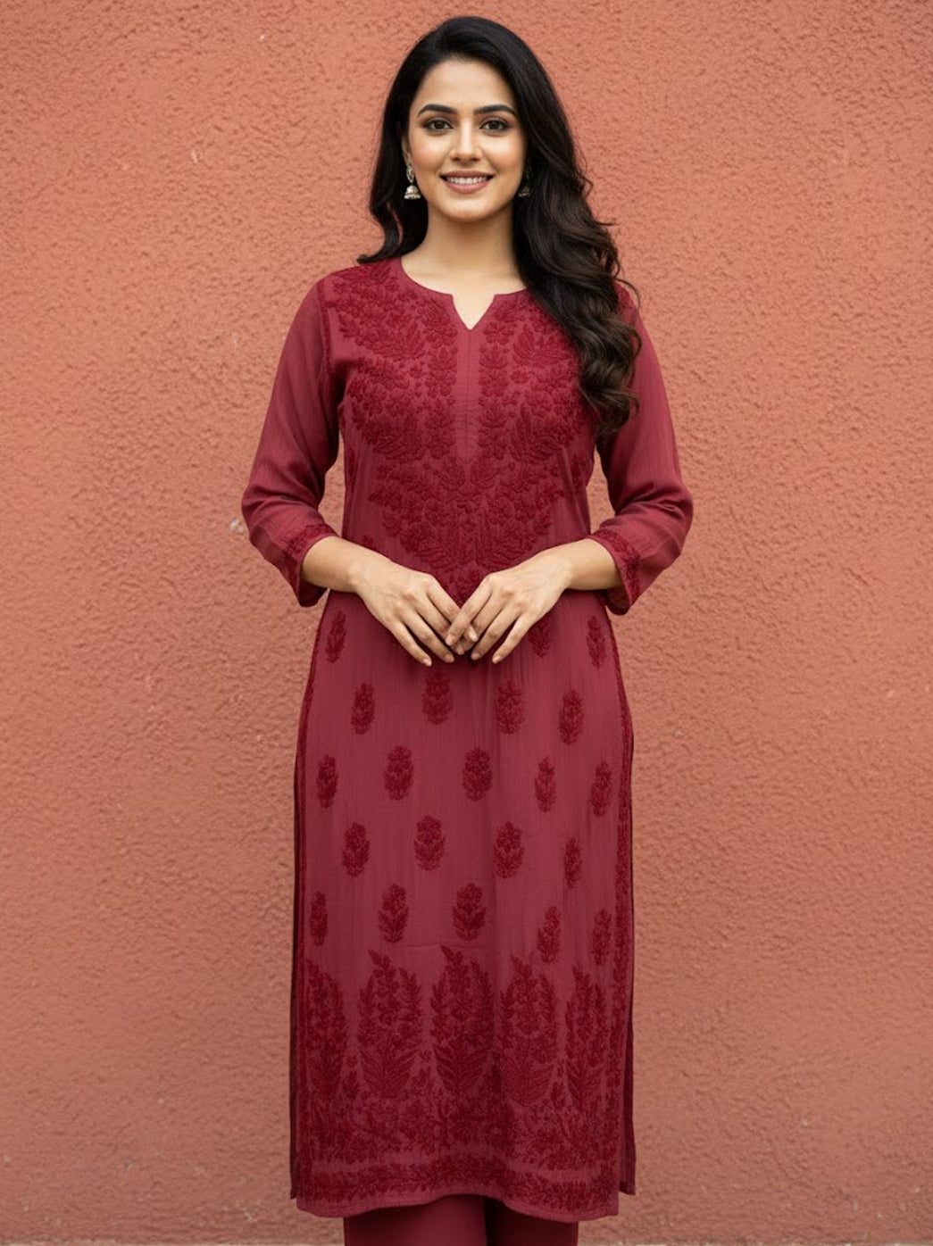Red Modal Chikankari Straight Kurti