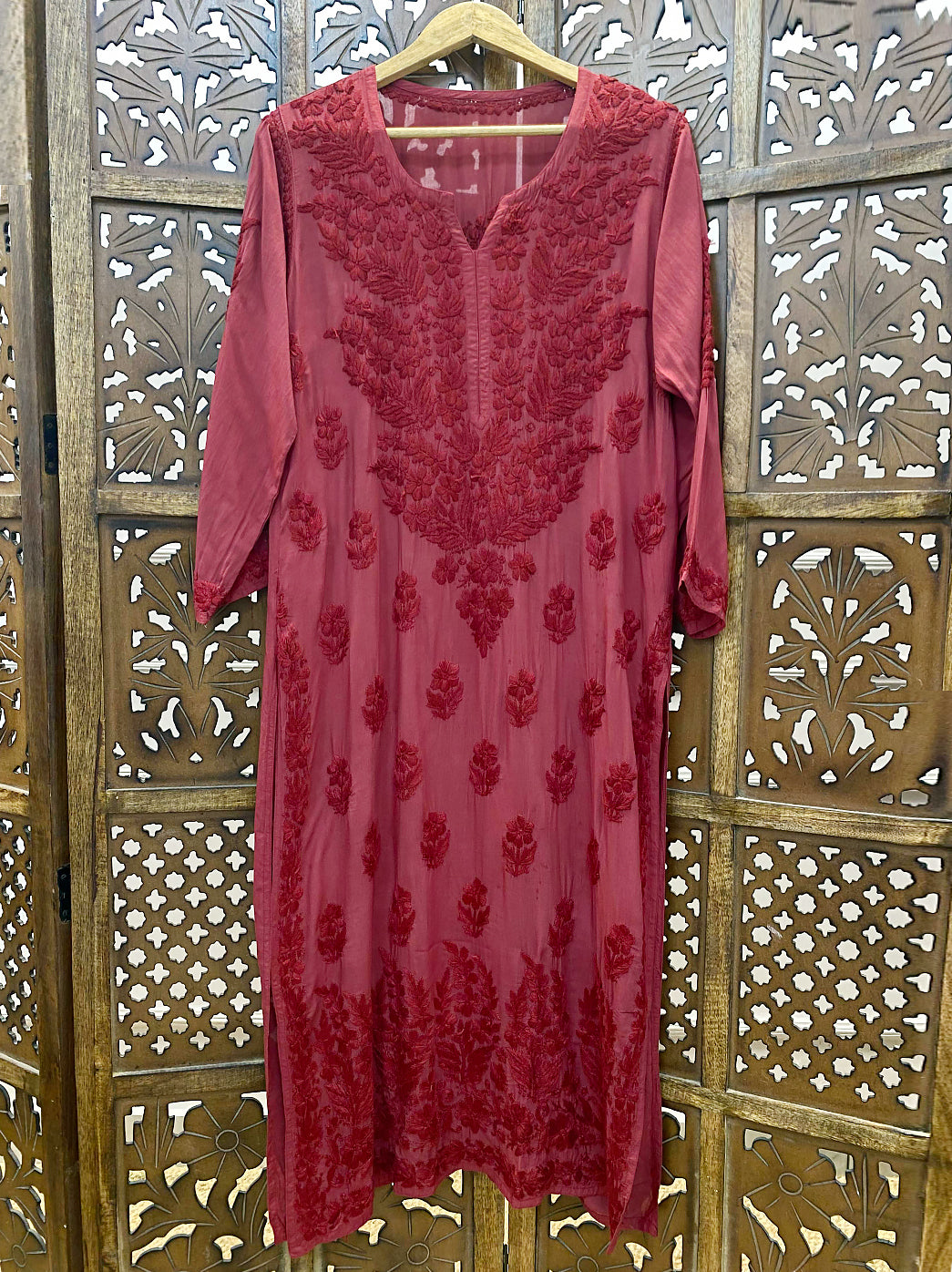 Red Modal Chikankari Straight Kurti