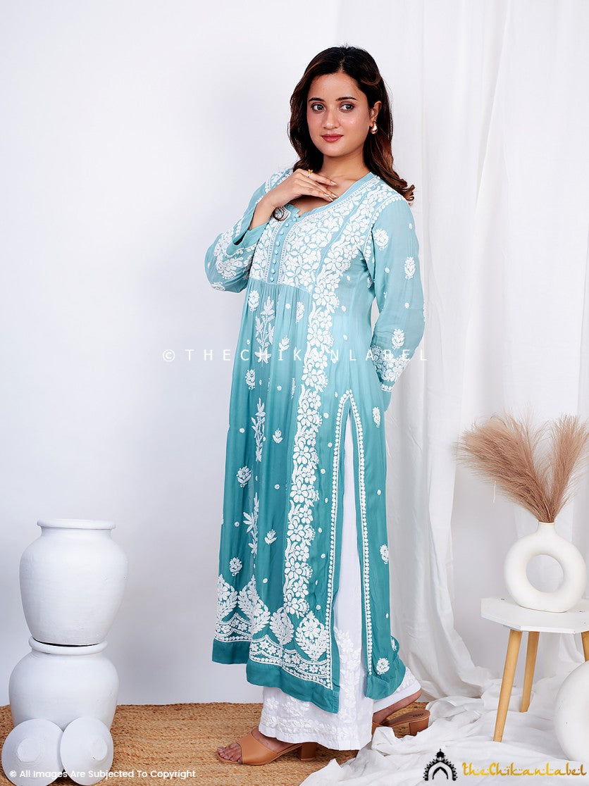 Green Vidhi Muslin Chikankari Straight Kurti