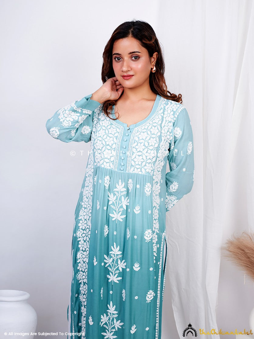 Green Vidhi Muslin Chikankari Straight Kurti