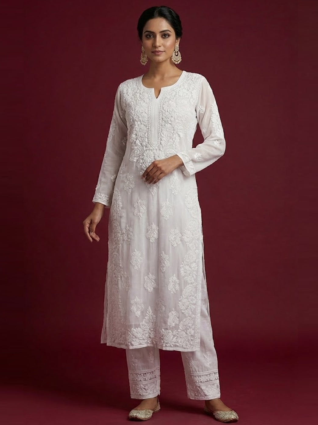 White Viscose Chikankari Straight Kurti