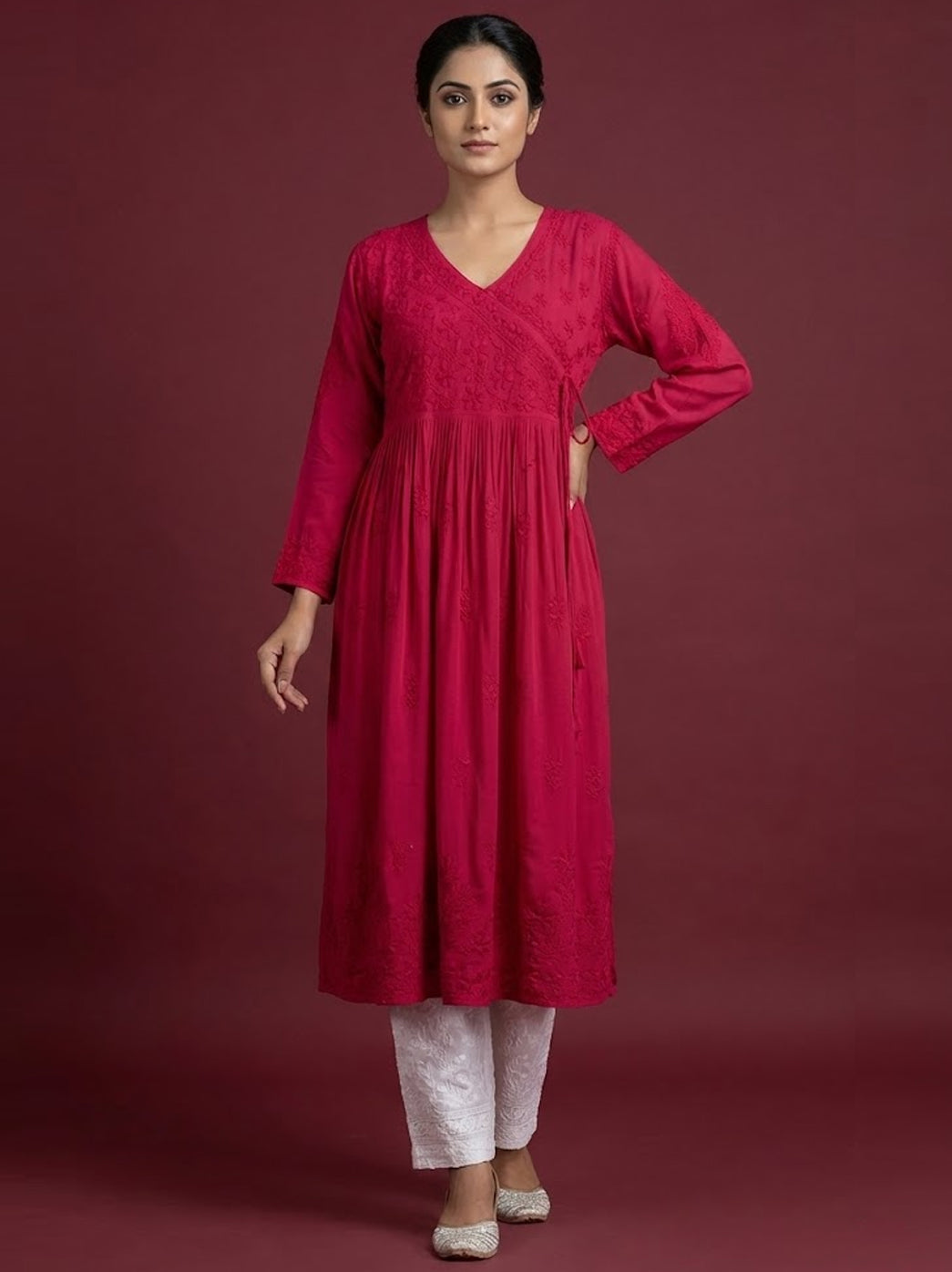 Red Modal Chikankari Angrakha Kurti