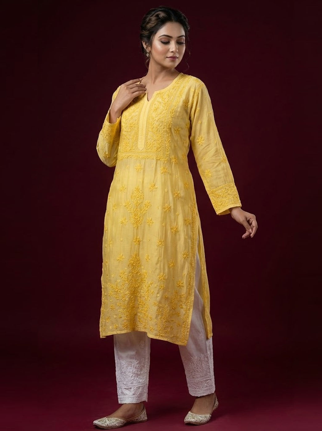 Yellow Muslin Chikankari Straight Kurti