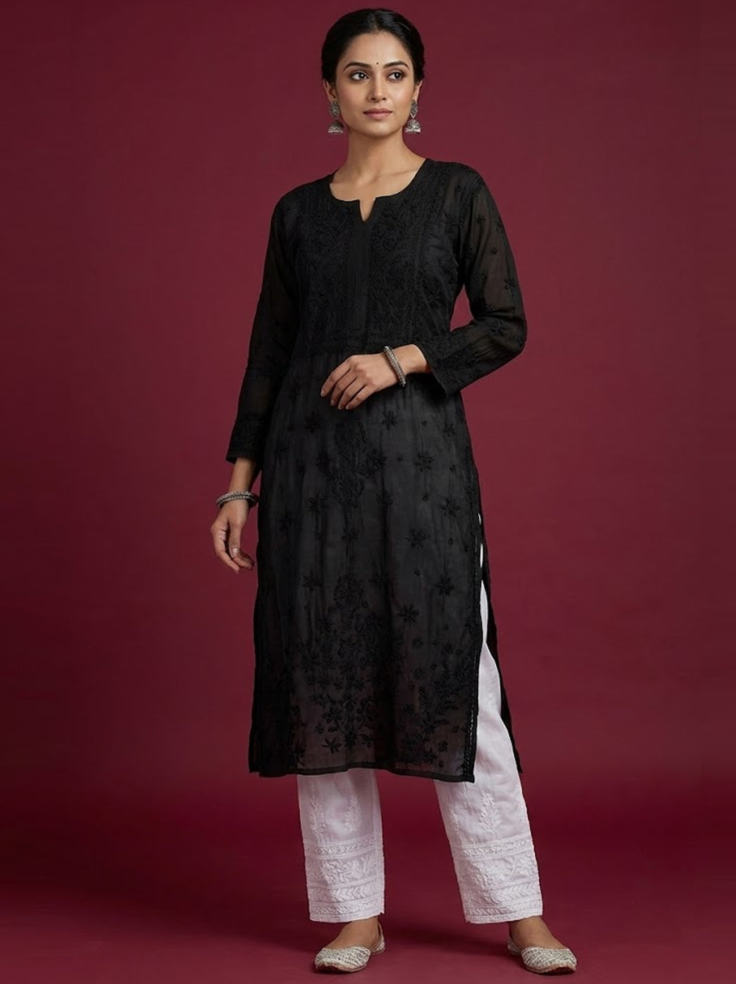 Black Muslin Chikankari Straight Kurti