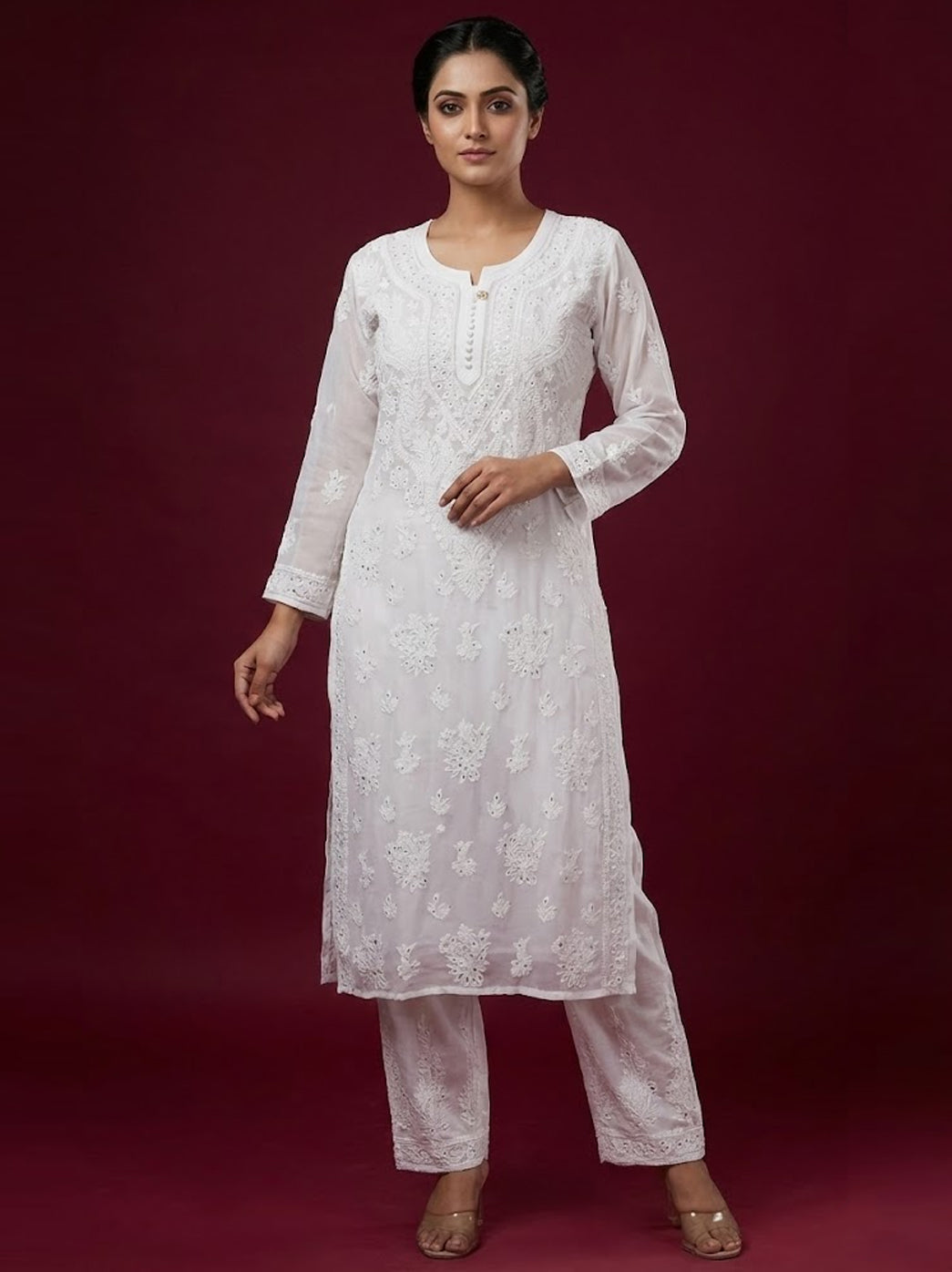 White Viscose Mukaish Chikankari Straight Kurti