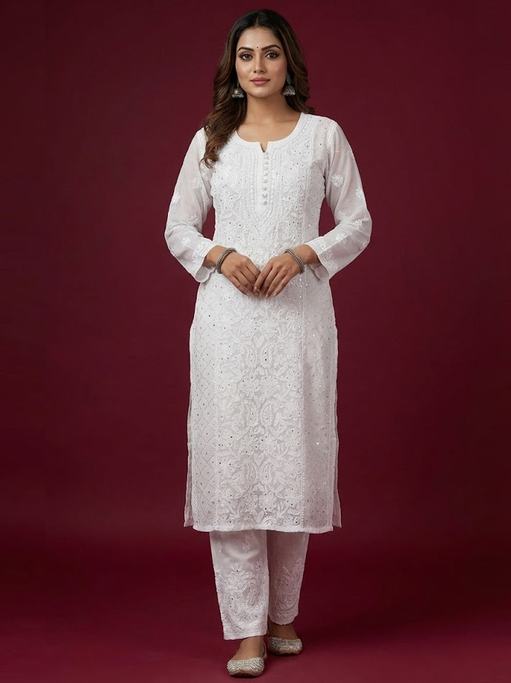 White Viscose Mukaish Chikankari Straight Kurti