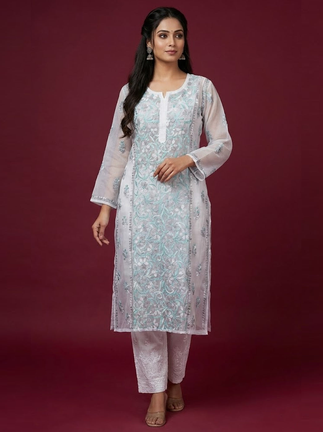 Blue Organza Chikankari Straight Kurti