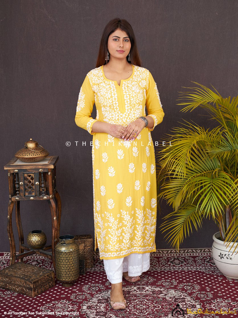 Yellow Idaya Modal Chikankari Straight Kurti ,Chikankari Straight Kurtiin Modal Fabric For Woman