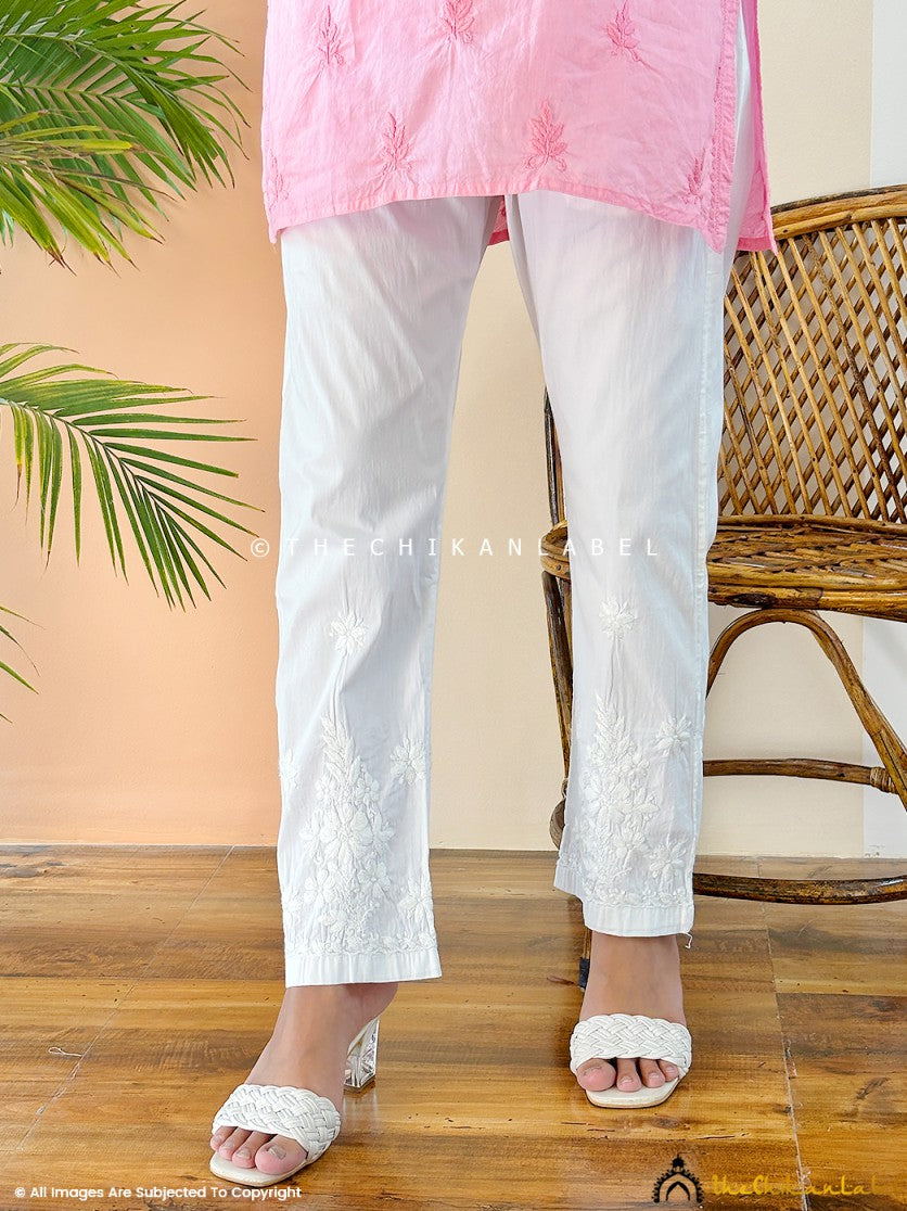 White Lekha Lycra Straight Chikankari Cigarette Pant