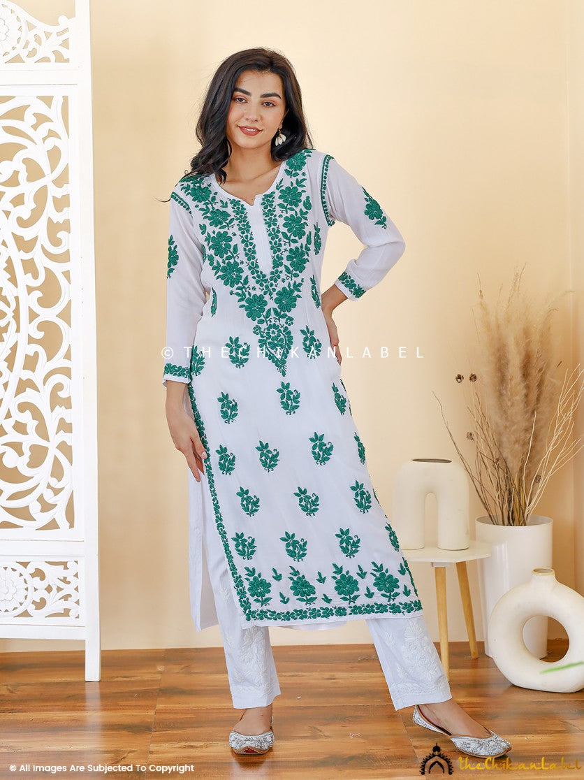 Green Jugni Modal Chikankari Straight Kurti