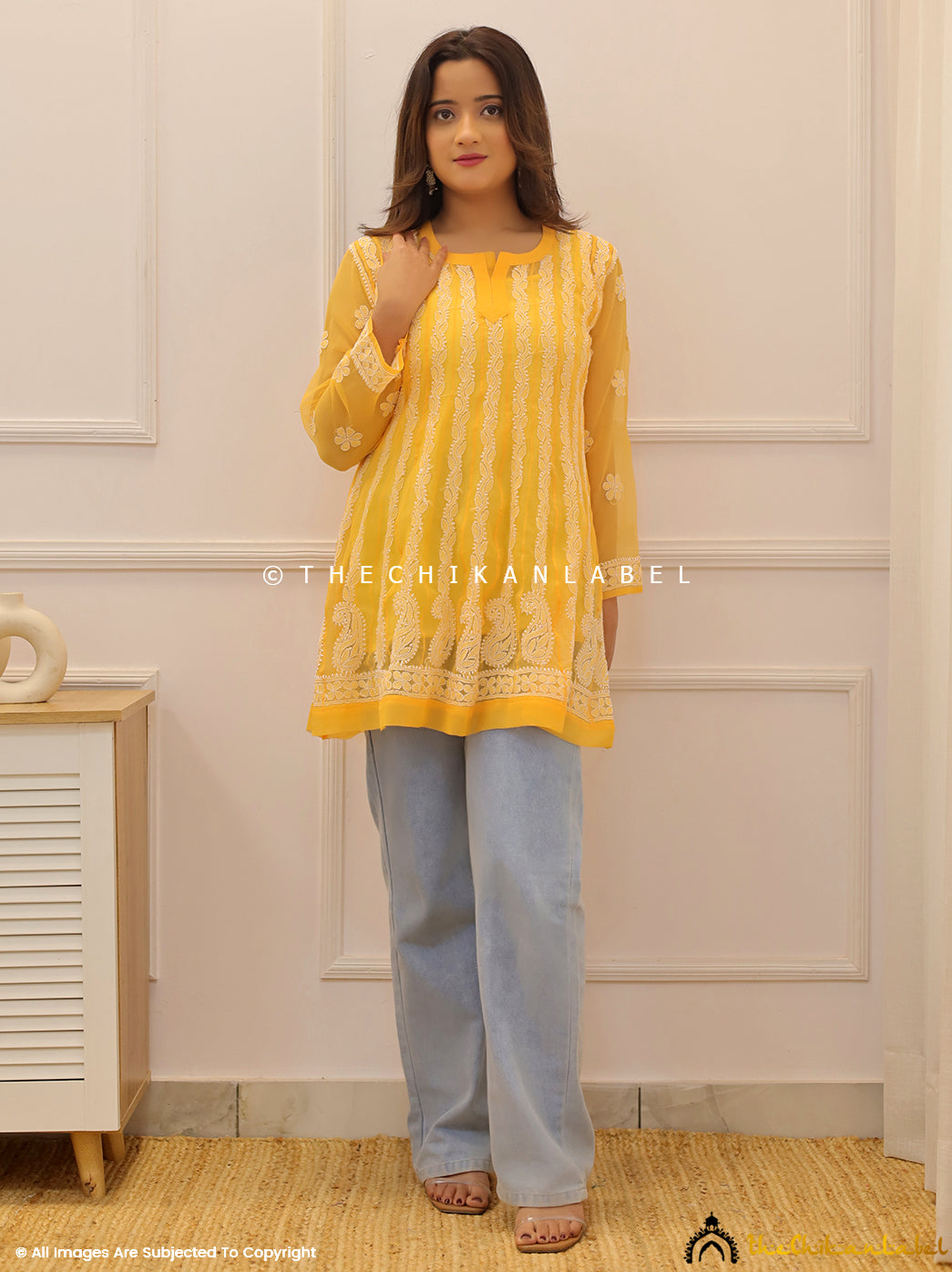 Yellow Georgette Chikankari Short Kurti