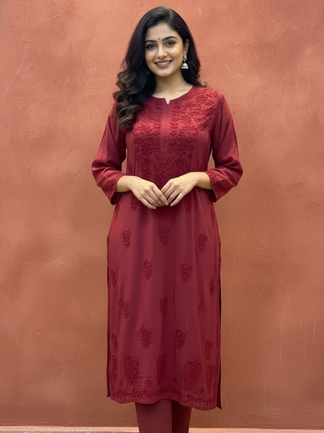 Red Modal Chikankari Straight Kurti