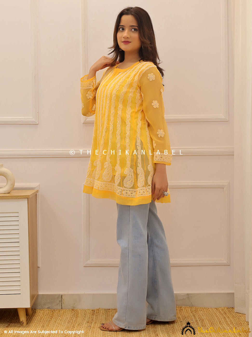 Yellow Georgette Chikankari Short Kurti