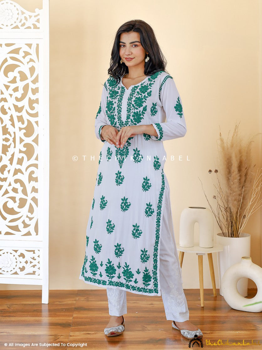 Green Jugni Modal Chikankari Straight Kurti