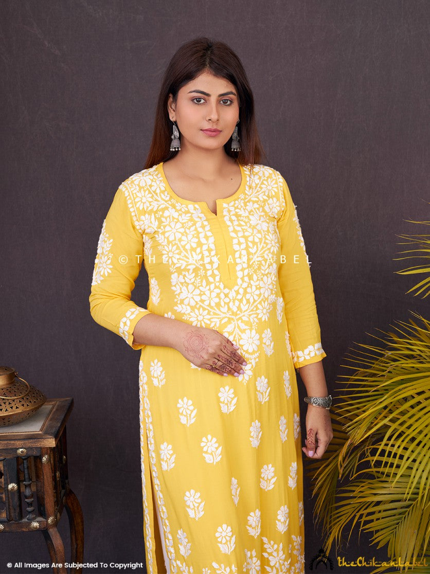 Yellow Idaya Modal Chikankari Straight Kurti ,Chikankari Straight Kurtiin Modal Fabric For Woman