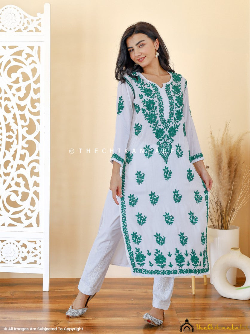 Green Jugni Modal Chikankari Straight Kurti