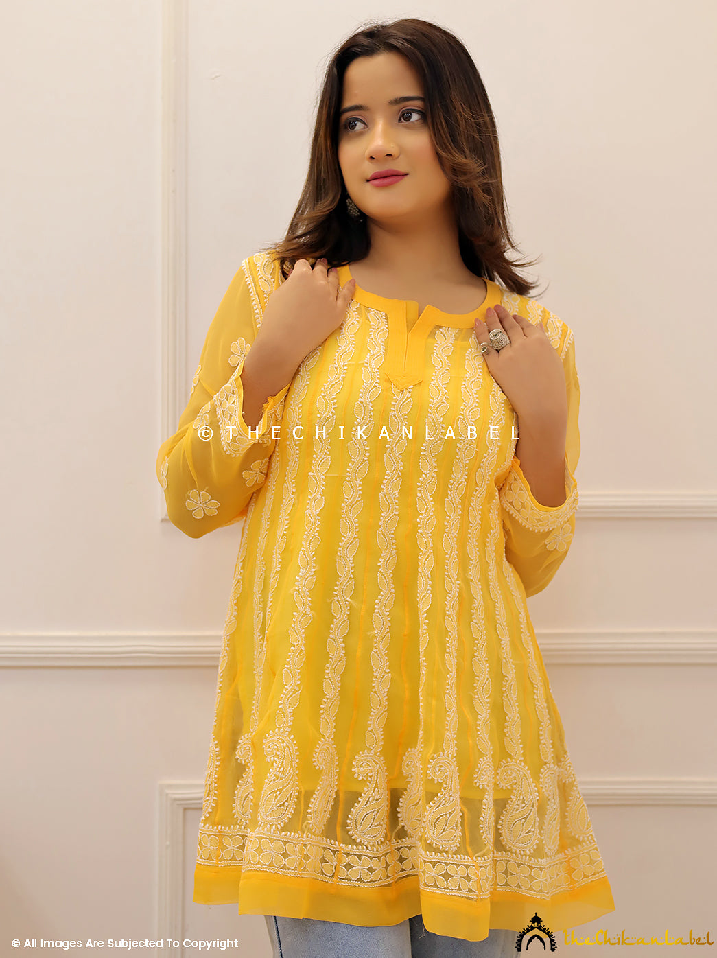 Yellow Georgette Chikankari Short Kurti