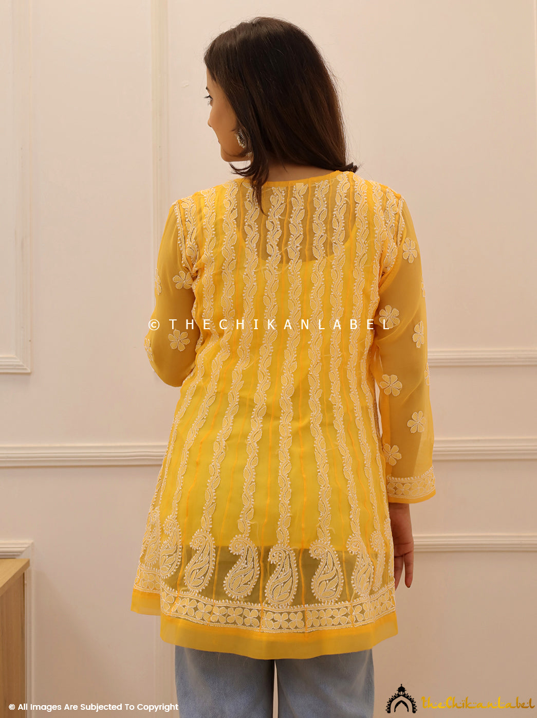 Yellow Georgette Chikankari Short Kurti