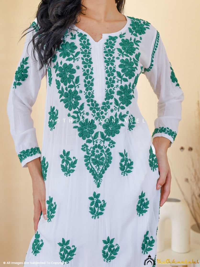 Green Jugni Modal Chikankari Straight Kurti