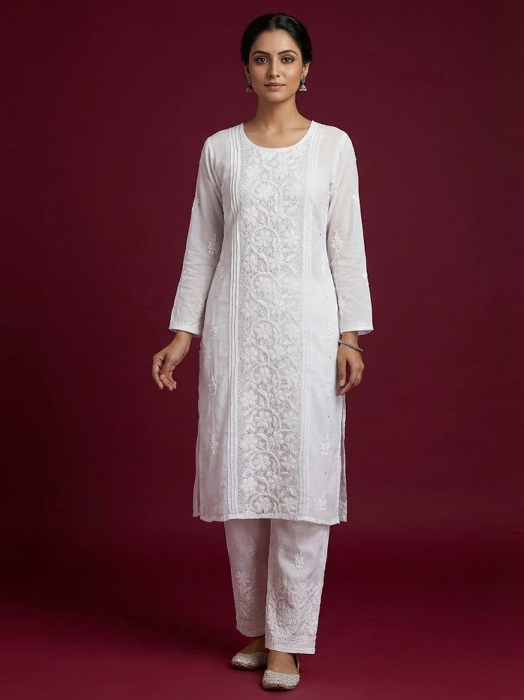 White Muslin Chikankari Straight Kurti