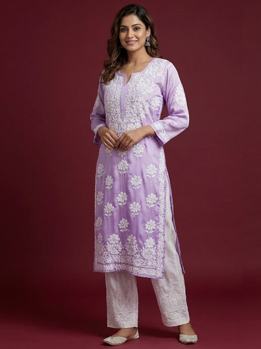 Lavender Ombre Satin Modal Chikankari Straight Kurti