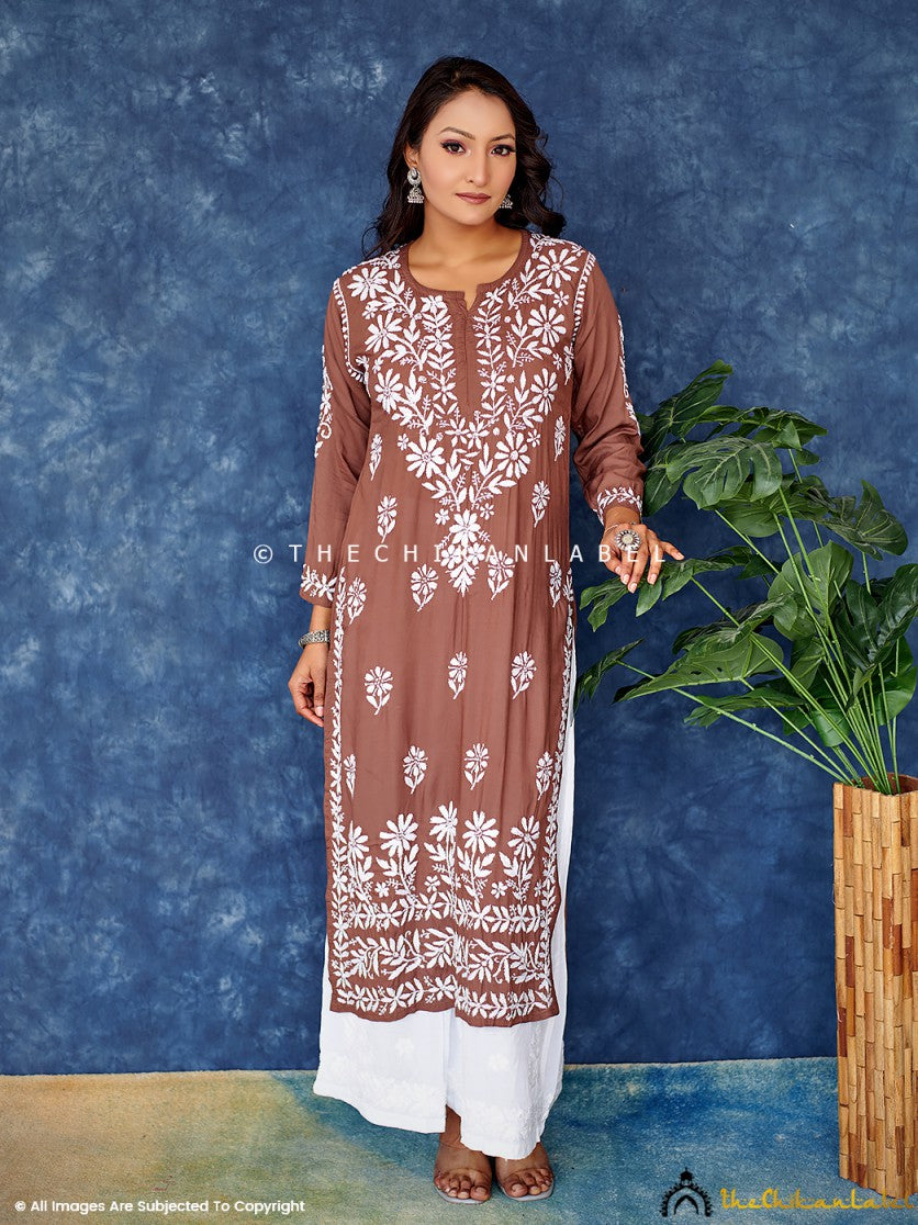 Brown Modal Chikankari Straight Kurta ,Chikankari Straight Kurta in Modal Fabric For Woman