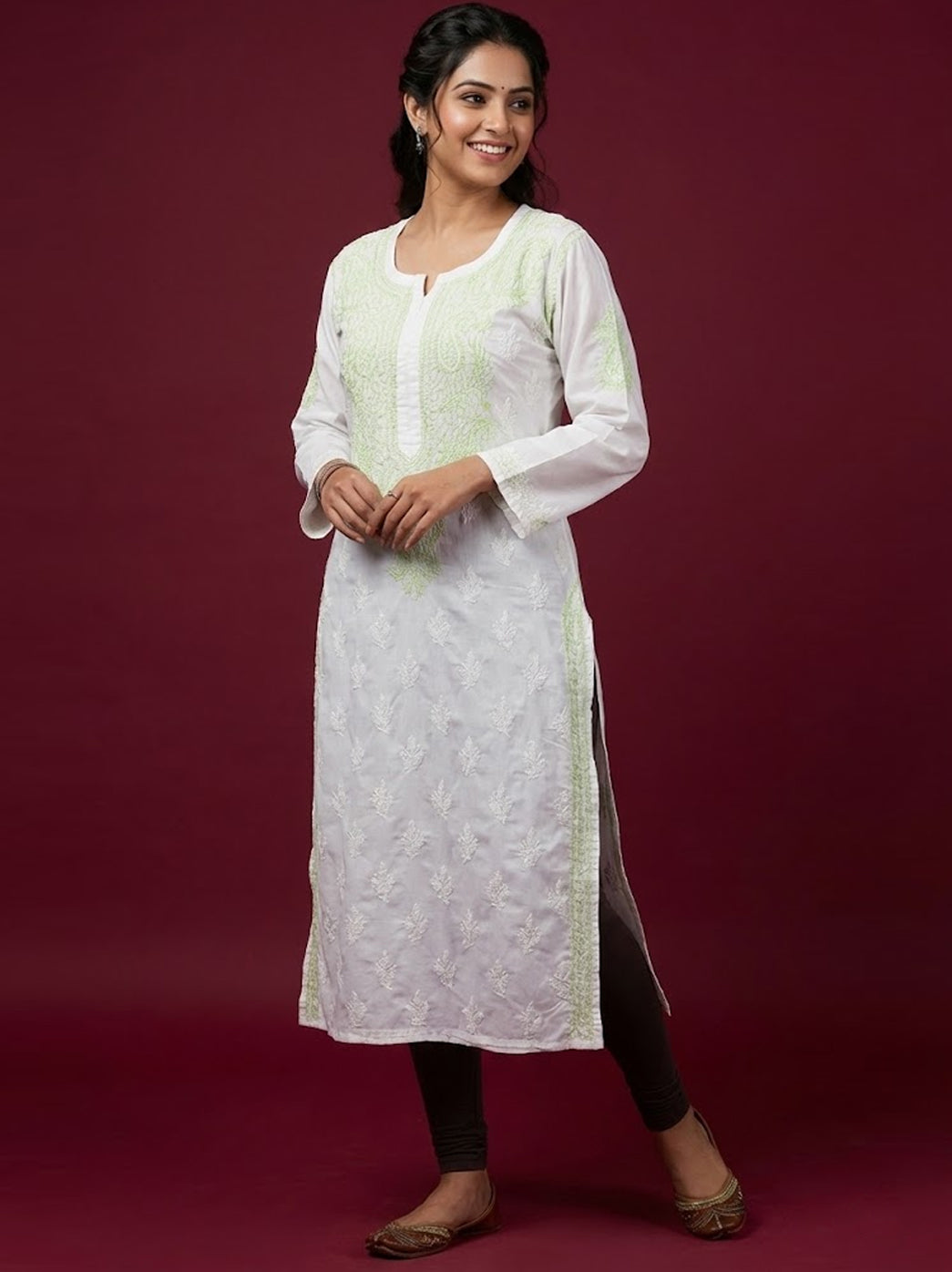 Green Cotton Chikankari Straight Kurti