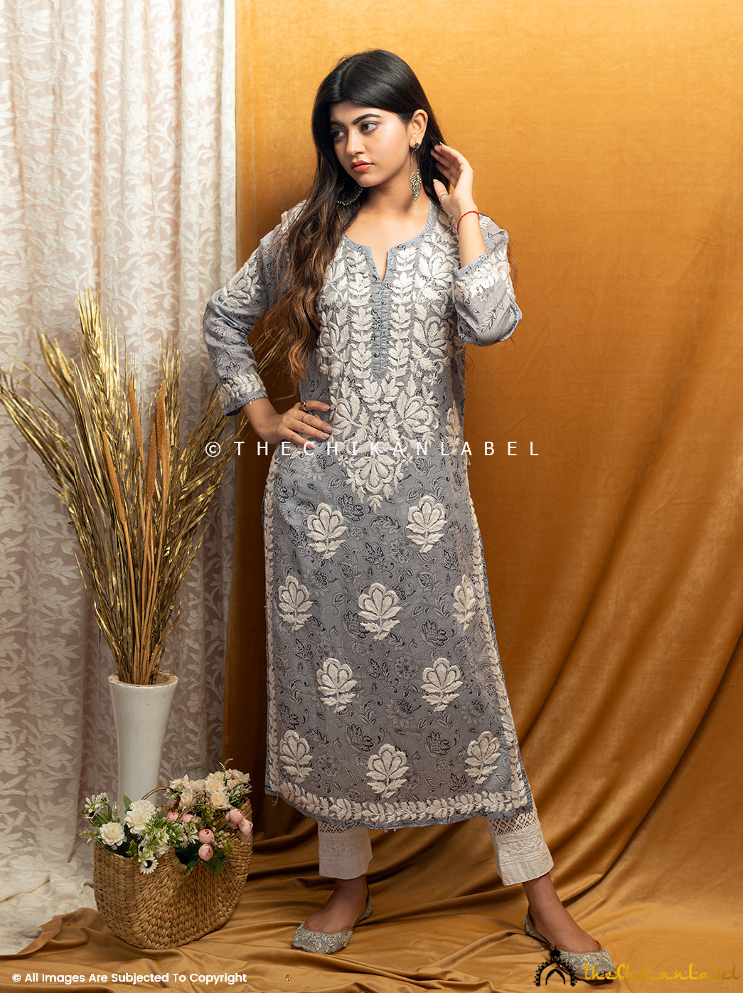 Grey Nazm Mulmul Chikankari Straight Kurti ,Chikankari Straight Kurti in Mulmul Cotton Fabric For Woman