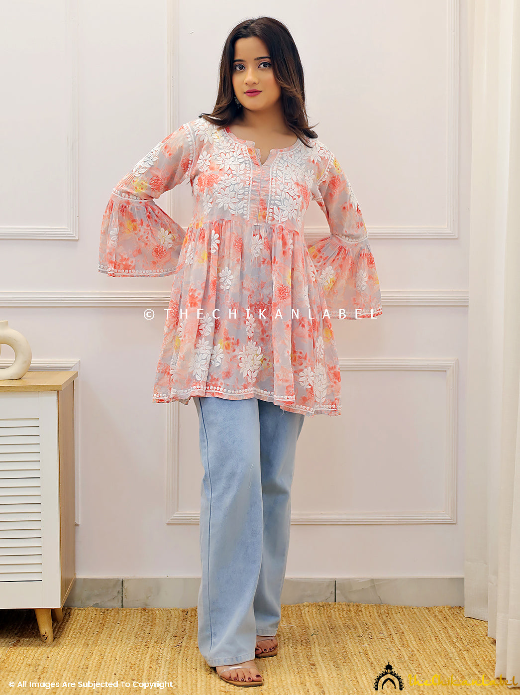 Peach Mulmul Printed Chikankari Short Top